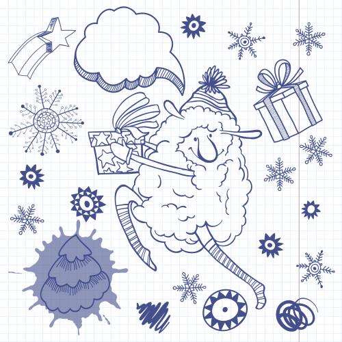 Heft. Vektor süßer cartoonartiger Schaf mit Geschenk, Weihnachts-Elemente in Doodle-Stil auf kariertem Notizblatt