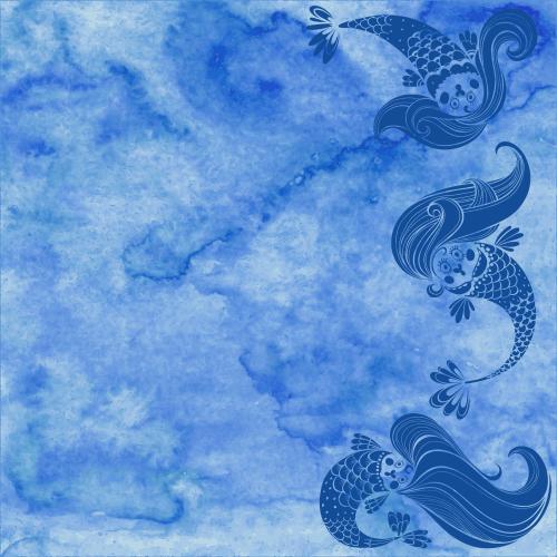 Vektorgrafik drei cartoonartige nixen auf dem blauen aquarell