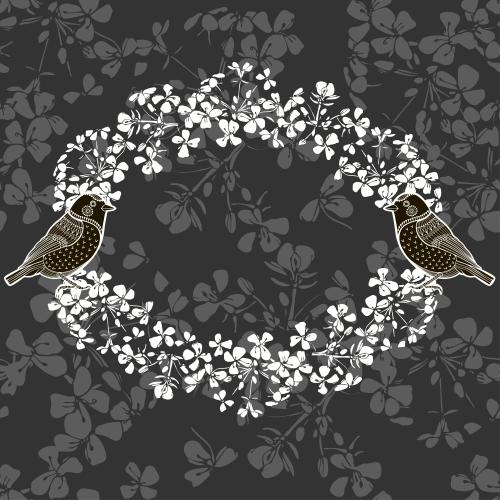 Oval. Vektor ovaler Rahmen aus weißen Blumen mit zwei Vögeln auf einem dunkelgrauen Blumenmuster