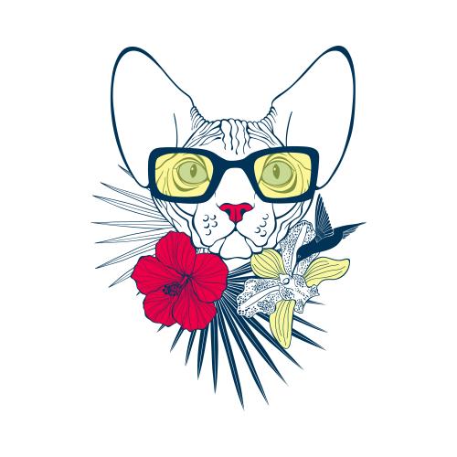 Hibiskus. Vektor sphinxkatze mit Sonnenbrille, umgeben von Palmenblättern, Orchideen- und Hibiskusblumen, mit einer Kolibri auf weißem