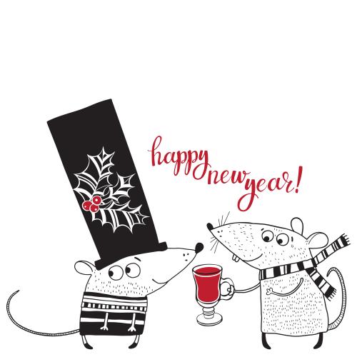 Glühwein. Vektor zwei cartoonartige Mäuse mit Glühwein, Schriftzug Happy New Year, Platz für Text auf weißem