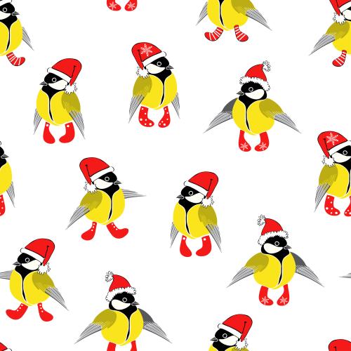 Meise. Vektor sperlinge in neuen Weihnachtskappen und Socken auf weißem