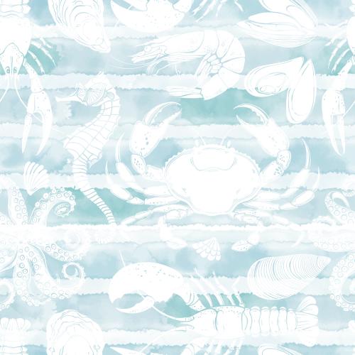 Miesmuschel. Vektor seepferdchen Oktopus Krabbe Muscheln Austern Krebs Krabbe Garnelen Muschel Weiße Silhouetten auf blauer Aquarell
