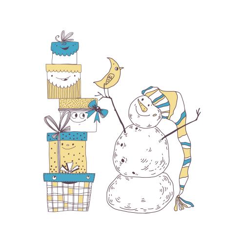 Kardinalvogel. Vektor lustige Geschenkboxen und cartoonartiger Schneemann mit Vögelchen auf weißem