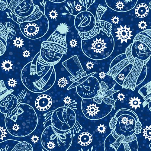 Erbse. Vektor liebe cartoonartige Schneemänner, Schneeflocken auf blauem Karo