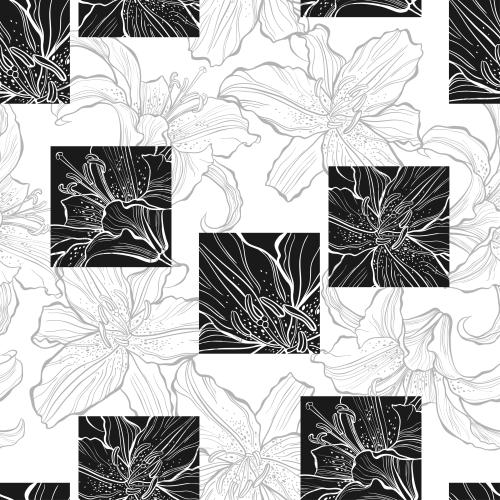 Lilie. Vektor Lilien-Fetzen in schwarzen Quadraten, graue Konturen von Blumen auf weißem