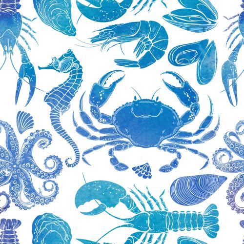 Garnele. Vektor Seeigel, Tintenfisch, Krabbe, Muscheln, Austern, Hummer, Krebs, Garnelen, Muschel, Aquarell-Silhouetten auf weiß