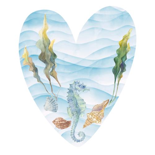 Rasterbild aquarell-meerkind, muscheln, algen, wellen, komposition in form eines herzens auf weißem