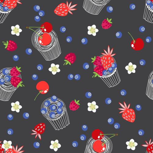 Himbeere. Vektor kekse mit Beeren: Himbeeren Erdbeeren Kirschen Blaubeeren Blumen auf schwarzem