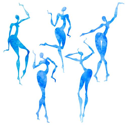 Rasterbild tanzende frauen, blaue aquarell-silhouetten auf weißem