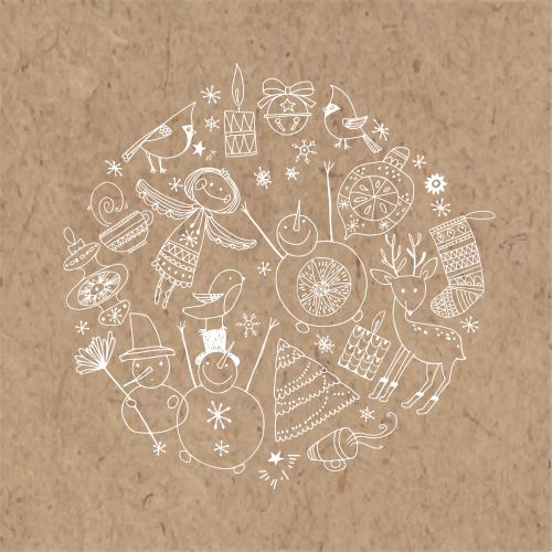 Tee. Vektor Engel, Schneemänner, Elch, Spielzeug, Kerzen und andere Symbole der Winterfeiertage im Kreis auf Karte