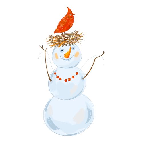 Kardinalvogel. Vektor maltäsch Schneemann mit Nest und einem Kardinal auf dem Kopf