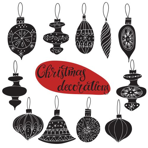 Spielzeug. Vektor Weihnachtsbaum-Spielzeug, schwarze Silhouetten auf weißem, Scandi-Stil