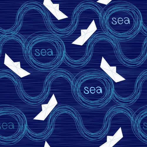 Schiffchen. Vektor Papierboote, Wellen, Schriftzüge 'Sea' auf blauem