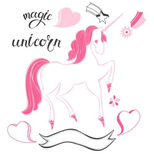 Herz. Vektor Einhorn, Herzchen, Bändchen, Sternchen auf weißem