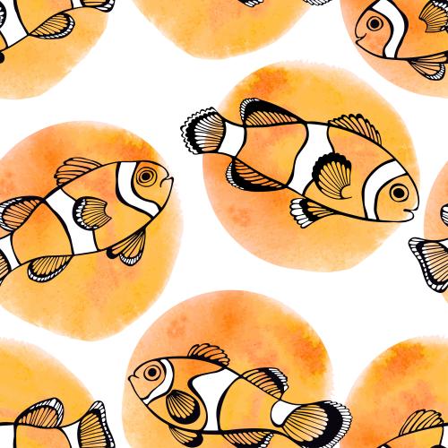 Vektorgrafik clownfische, orange aquarellkreise auf weiß