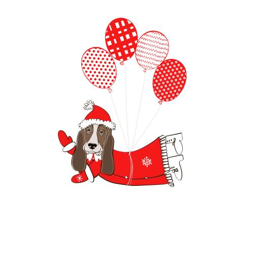 Weihnachtsmann. Vektor Basset Hound in dem Weihnachtsmannkostüm fliegt auf Luftballons