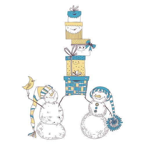 Vektorgrafik cartoonartige schneemänner und geschenke auf weißem