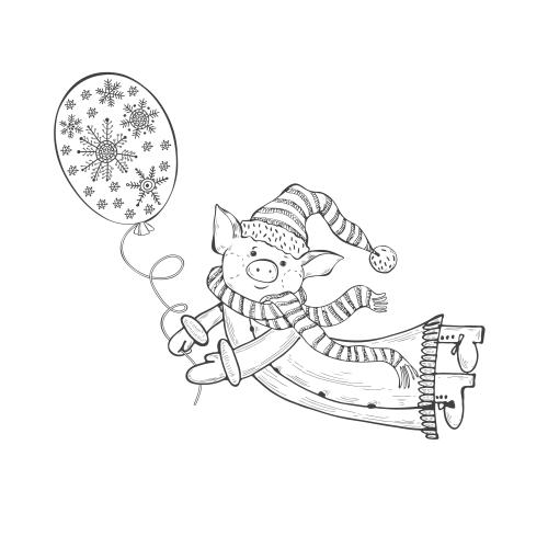 Luftballon. Vektor cartoonartiges schwein im kostüm von vater frost auf einem ballon