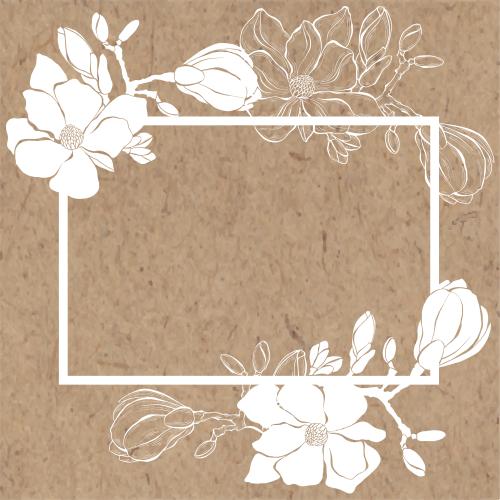 Knospe. Vektor Magnolie, rechteckiger Rahmen mit Silhouetten und Konturen von Blumen auf Kraftpapier