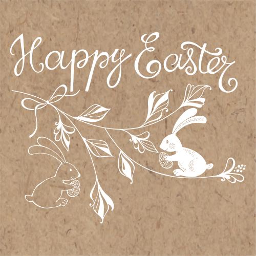 Vektorgrafik stilisierter zweig mit band, zwei hasen mit oster-eiern und die aufschrift happy easter auf kraftpapier