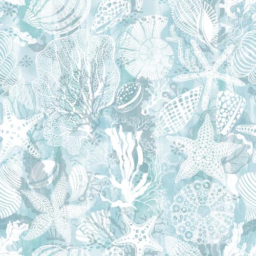 Nautilus. Vektor Meersterne, Muscheln, Nautilus, Seeigel, Korallen, Algen auf blauem Aquarell