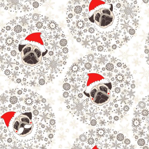Hund. Vektor cute Pekinesen-Gesichter in Weihnachtshüten in einem Kreis aus Schneeflocken auf weißem