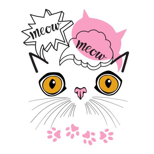 Vektorgrafik cartoonartige katzenmündchen, texte 'meow', pfotenabdrücke, komposition auf weißem