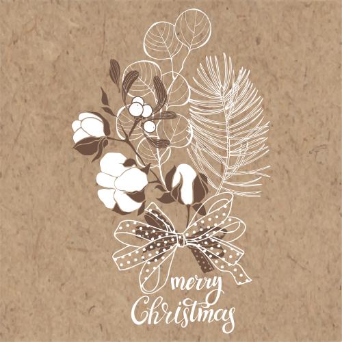 Eukalyptus. Vektor Blumenstrauß aus Nadelzweig Eukalyptus Baumwolle und Mistel mit Band Aufschrift Merry Christmas auf Karte