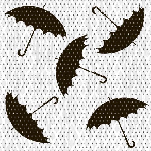 Regen. Vektor schwarze Regenschirmsilhouetten, monochrome Regentropfen und Linien auf dem Weissen