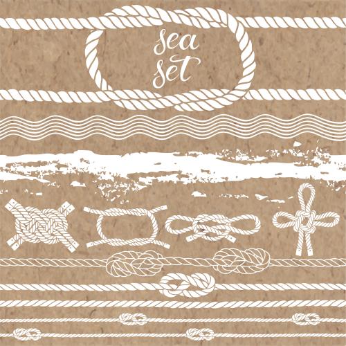 Vektorgrafik marine-thema-sammlung: wellen, seile, seemannsknoten auf kraftpapier