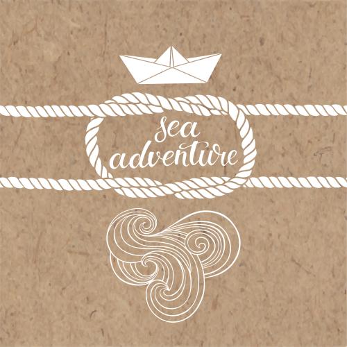 Seil. Vektor Meeresknoten, Papierschiff, Wellen, Schriftzug Sea Adventure auf Kraftpapier