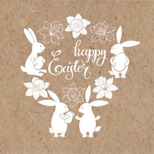 Ei. Vektor Hübsche Kaninchen mit Ostereiern, Narzissen, Schriftzug Frohe Ostern auf Kraftpapier