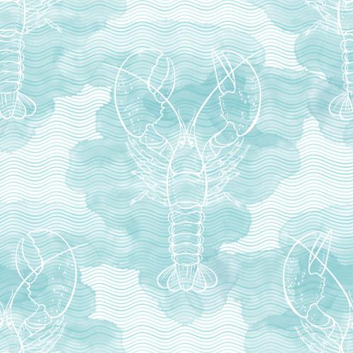 Hummer. Vektor Lobster, Wellen auf blauen Aquarellfragmenten auf weißem