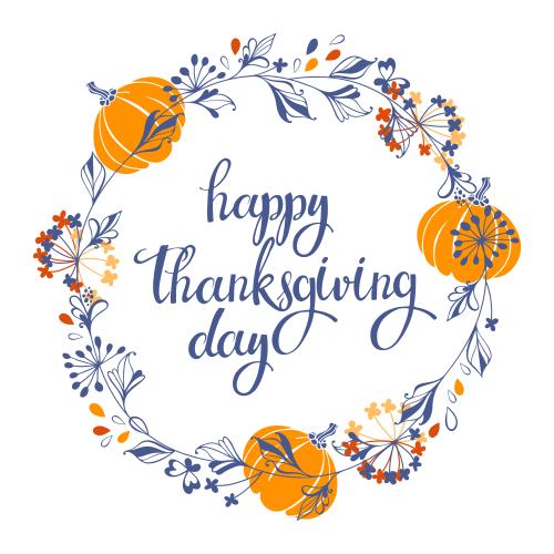 Vektorgrafik kranz aus dekorativen pflanzen, kürbissen und eine aufschrift "happy thanksgiving day" auf weißem