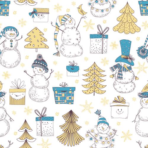 Schneemann. Vektor cartoonartige Schneemänner, Herzige Geschenkboxen, Weihnachtsbäumchen und Schneeflocken auf weißem