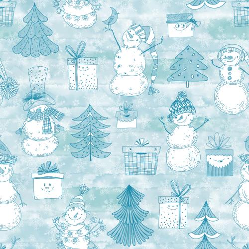 Vektorgrafik malti schneemänner, tannenbäumchen, geschenke und schneeflocken auf blauem aquarell