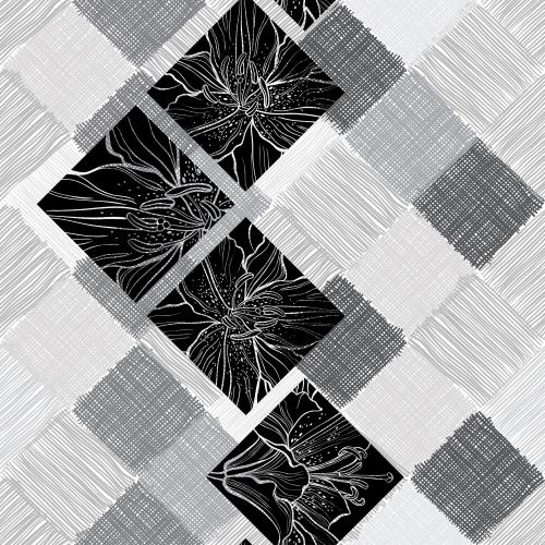 Lilie. Vektor Lilien-Fragmente in schwarzen Quadraten auf monochromen, gestreiften und karierten Quadratikas