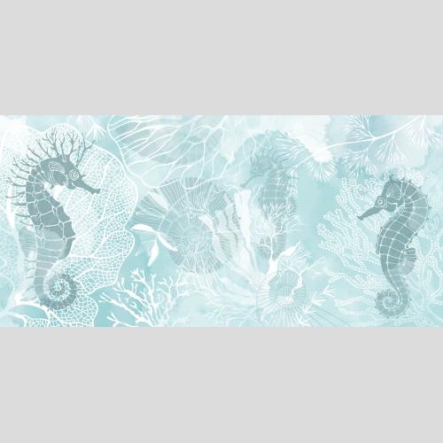 Vektorgrafik seeigeln, nautilen, algen und korallen auf blauem aquarell