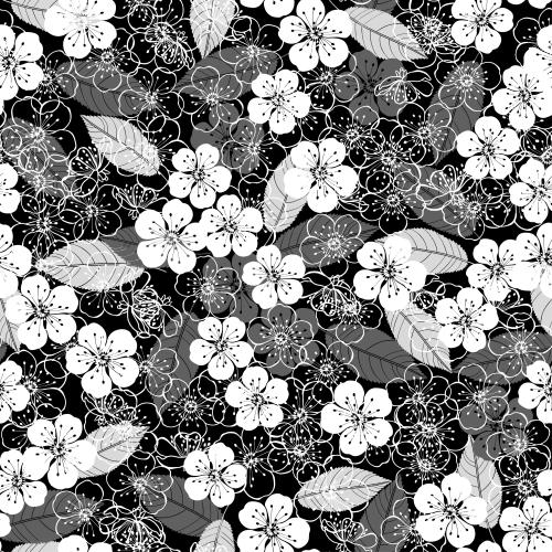 Kirschblüte. Vektor blumen und Blätter der Kirschblüte auf schwarzem