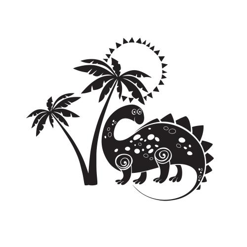 Sommer. Vektor Komposition mit einem Zeichentrick-Dinosaurier, einer Palme und einer Sonne auf weißem