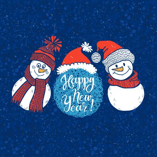 Schneemann. Vektor Süße cartoonartige Schneemänner, Schriftzug Happy New Year auf blauem in Karo