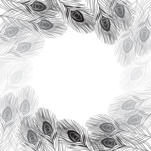 Pfauenfeder. Vektor runde Rahmen aus monochromen Pfauenfedern
