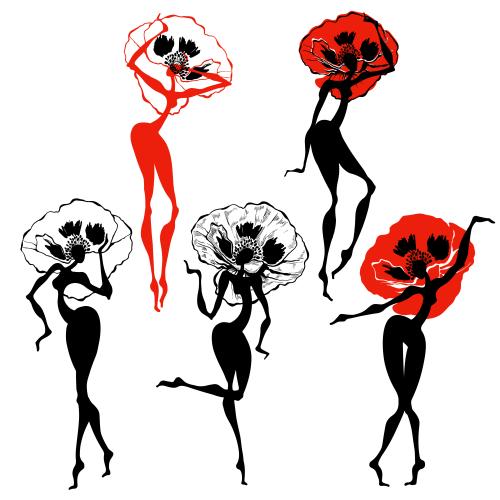 Mohn. Vektor tanze Frauen-Makis auf weißem