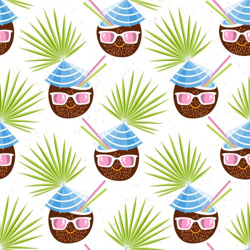 Kokosnuss. Vektor cartoonartige kokoscocktails in sonnenbrillen und palmblättern auf weissen in kariertem muster