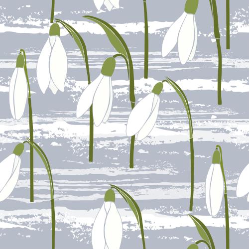 Frühling. Vektor Schneeglöckchen, Schnee auf Grau