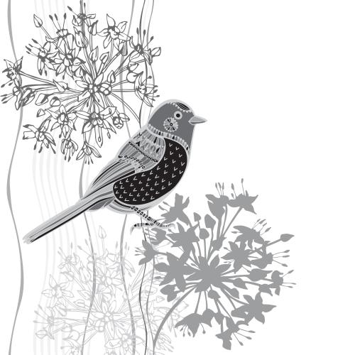 Vektorgrafik monochromer vogel, vertikale wellenförmige linien mit blütenständen von blumen auf weißem