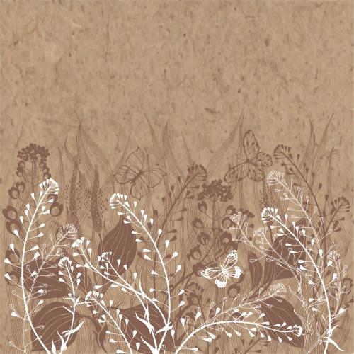 Hirtentäschel. Vektor Wiesenkräuter Blumen und Schmetterlinge Platz für Text auf Kraftpapier