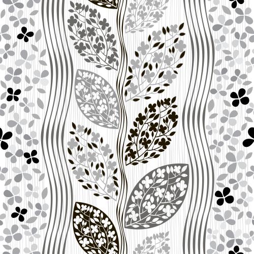 Vektorgrafik blumen, blühende zweige, wellenförmige und gerade streifen, monochrom