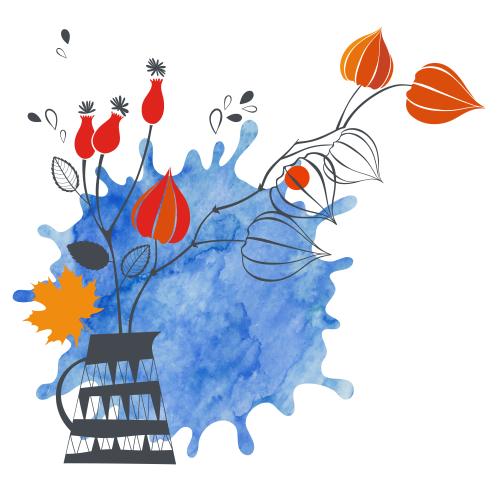 Ahornblatt. Vektor Blumenstrauß mit Herbstpflanzen und Beeren in einer Vase, blauer Aquarellfleck auf weißem